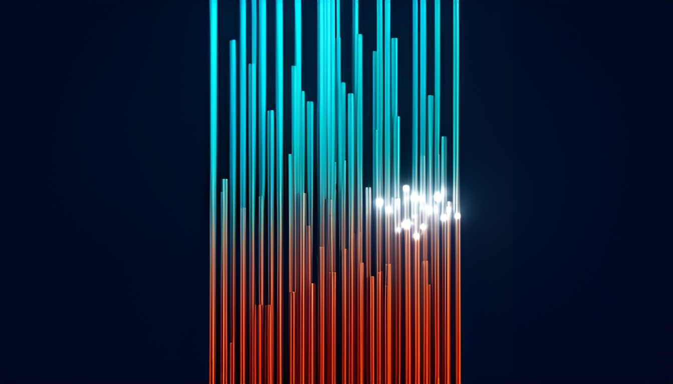 Abstract technical illustration of 101 thin vertical bars of varying height in a gradient from cyan to deep orange on a dark navy ground, a handful of short bars on the right glowing brighter than taller neighboring bars, suggesting small specialized systems outperforming larger general ones on a narrow slice