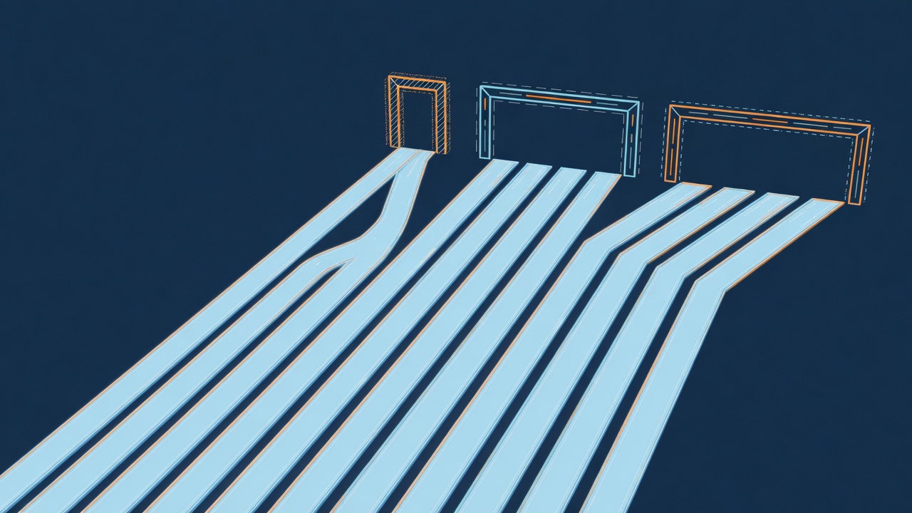 Abstract technical illustration of ten parallel lanes of light splitting toward a few gates of different widths, cyan and orange on a dark navy ground