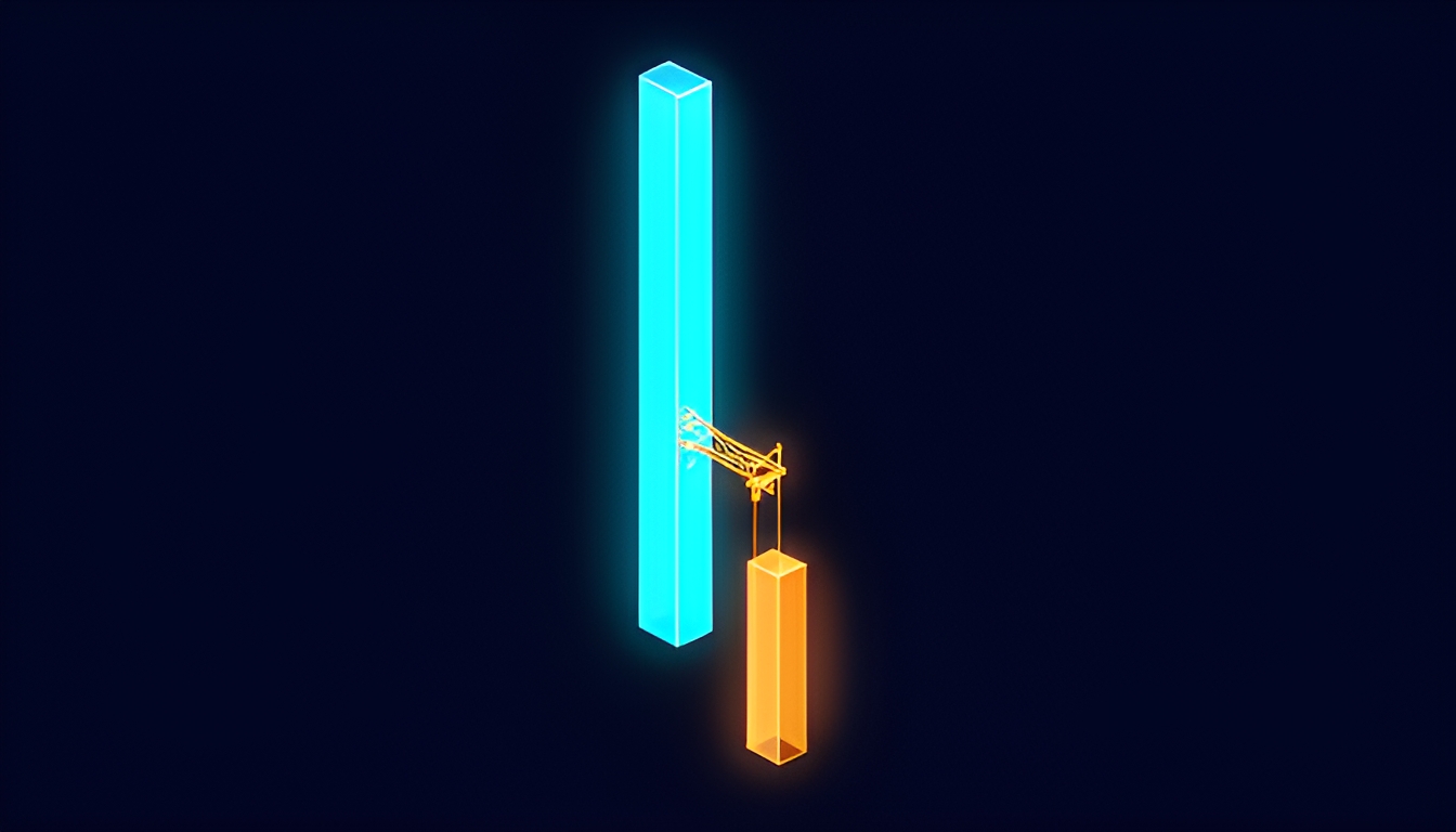 Abstract technical illustration of a tall bar and a short bar connected by a thin bridge, representing a large ranking-metric gain and a small downstream-quality gain, in cyan and amber on a dark navy background, no readable text