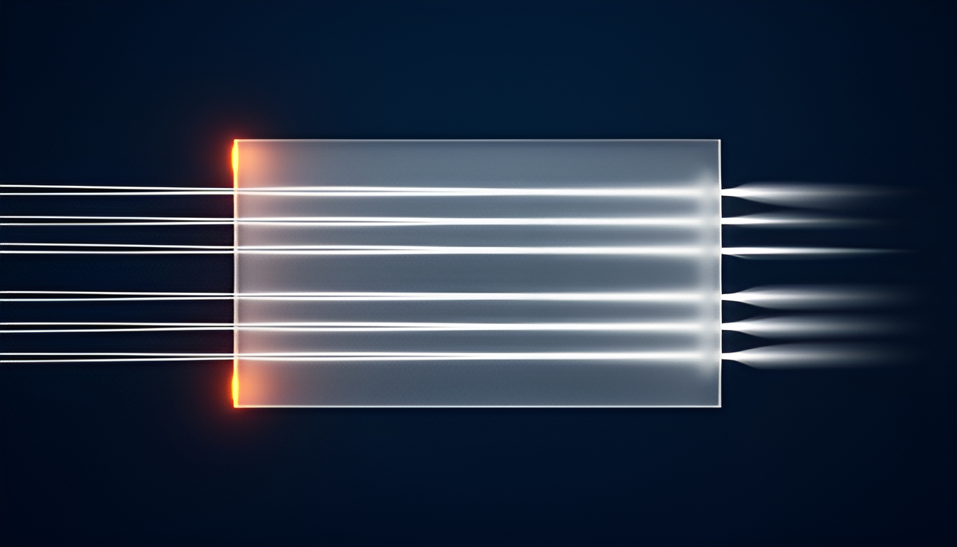 Abstract technical illustration of six parallel waveform channels passing through a frosted filter, four emerging sharp and two blurred, orange accent on a dark navy ground