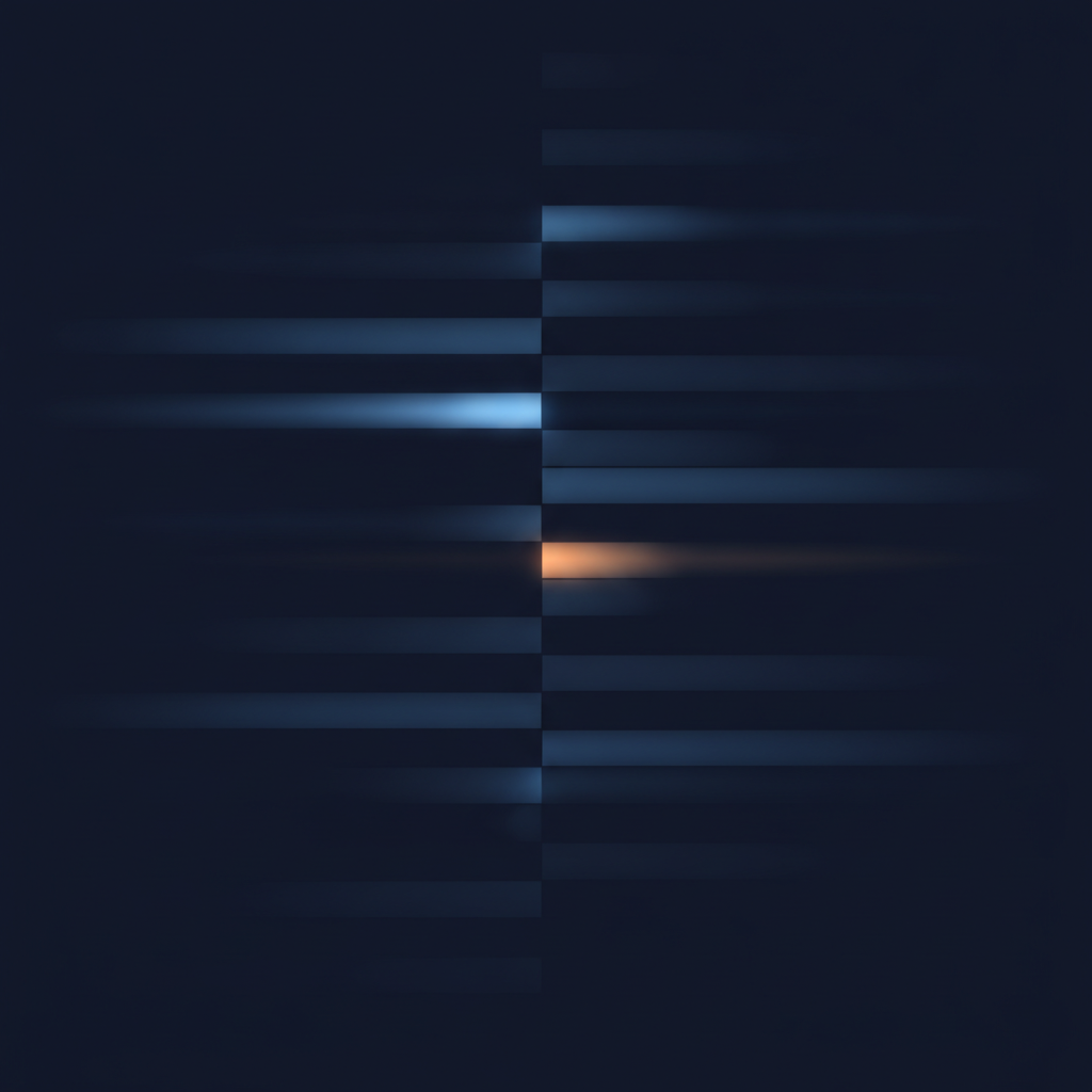 Abstract layered bars diverging from a central axis, some rising and some sinking, in muted blue and orange