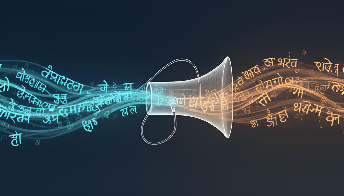 Abstract illustration of script-like glyph streams flowing through a funnel-shaped filter, with a looped return path, on a dark indigo background