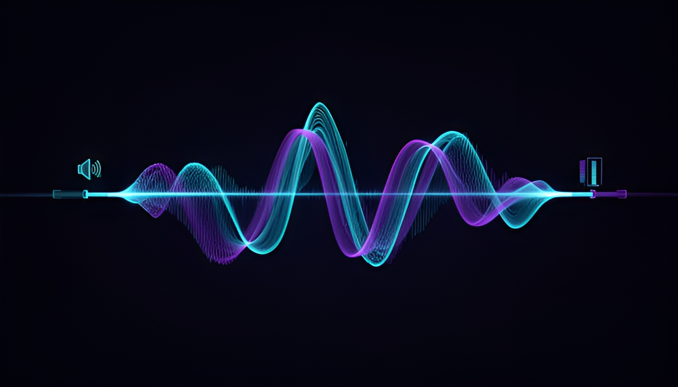 Abstract technical illustration of a single audio waveform splitting into two parallel channels, one labelled with a speaker identity icon and one with an emotion gauge icon, recombining into one waveform, cyan and violet on a dark ground