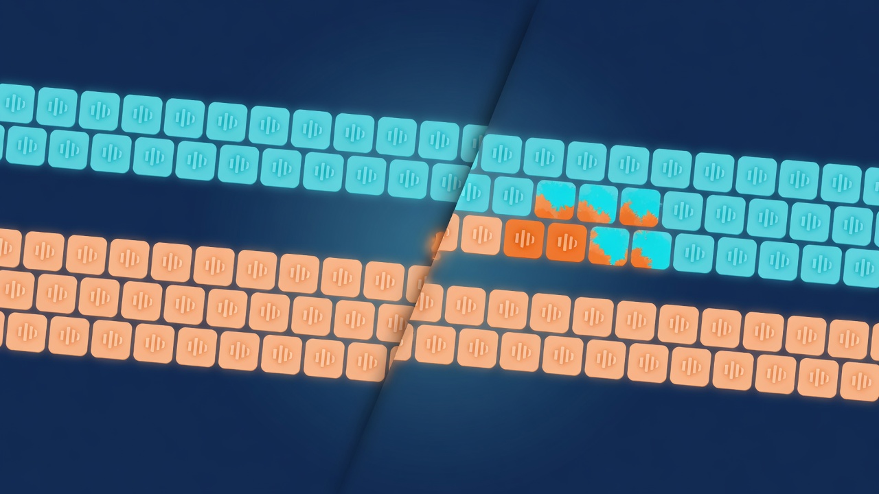 Abstract technical illustration of two interleaved streams of small sound tiles in cyan and orange, where orange tiles near the seam are recoloured to cyan, on a dark navy ground