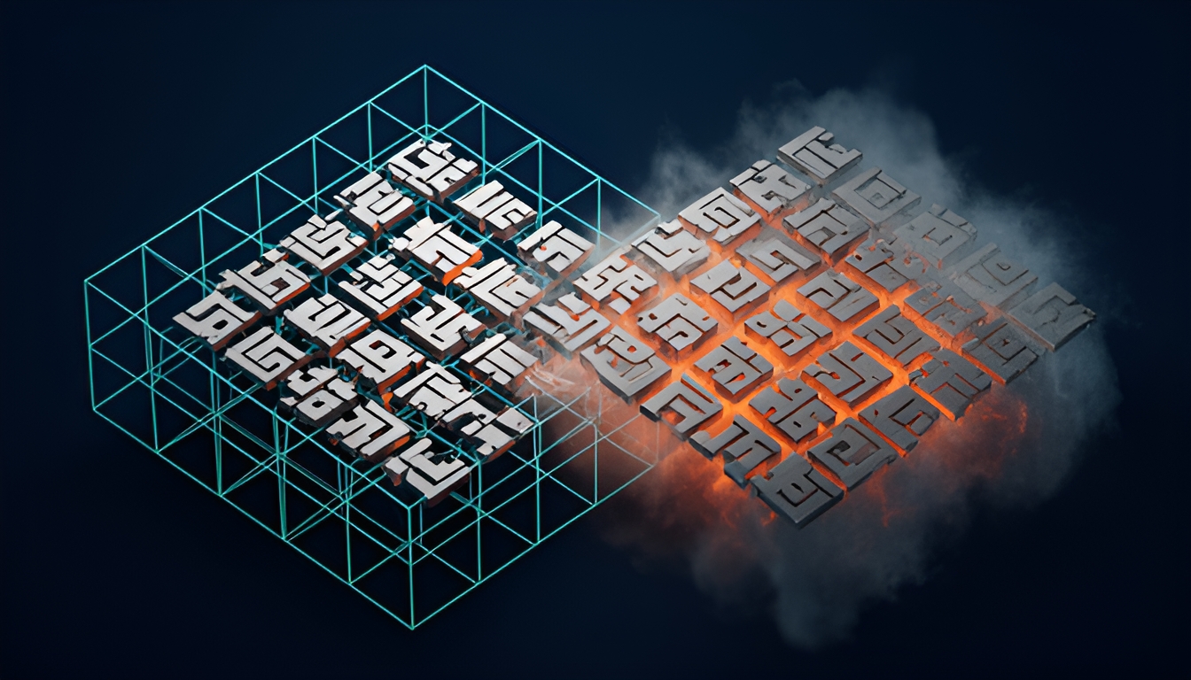 Abstract technical illustration of two interlocking character grids, one passing through a lattice of fixed rules and one through a diffuse cloud, orange and slate on a dark navy ground