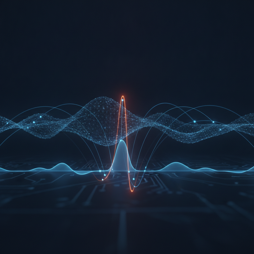 Abstract rendering of a waveform aligning with a grid of mesh points, suggesting audio driving geometry