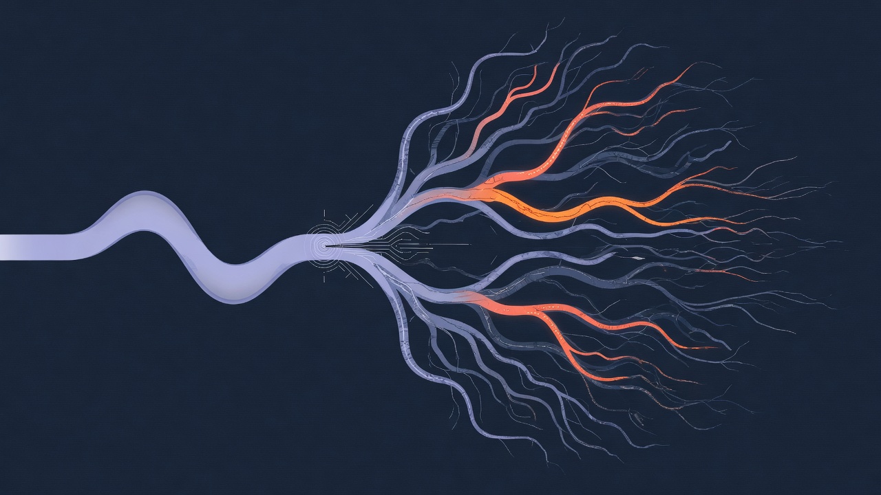 Abstract technical illustration of a single smooth waveform splitting into many textured branches, a few of them lit orange, on a dark navy ground