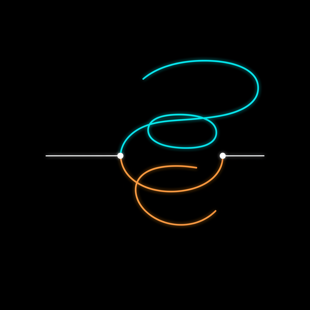 Abstract technical illustration of two nested channels where an input stream is routed into one of two loops of different lengths before rejoining a single output line, cyan and orange on a dark ground