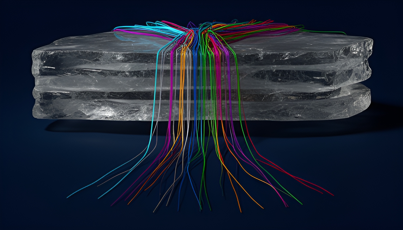 Abstract technical illustration of ten thin glowing threads of different colors running through a translucent layered slab on a dark navy background, bundled tightly parallel near the top of the slab and fraying apart near the bottom, suggesting one mechanism that looks shared at one depth and looks separate at another