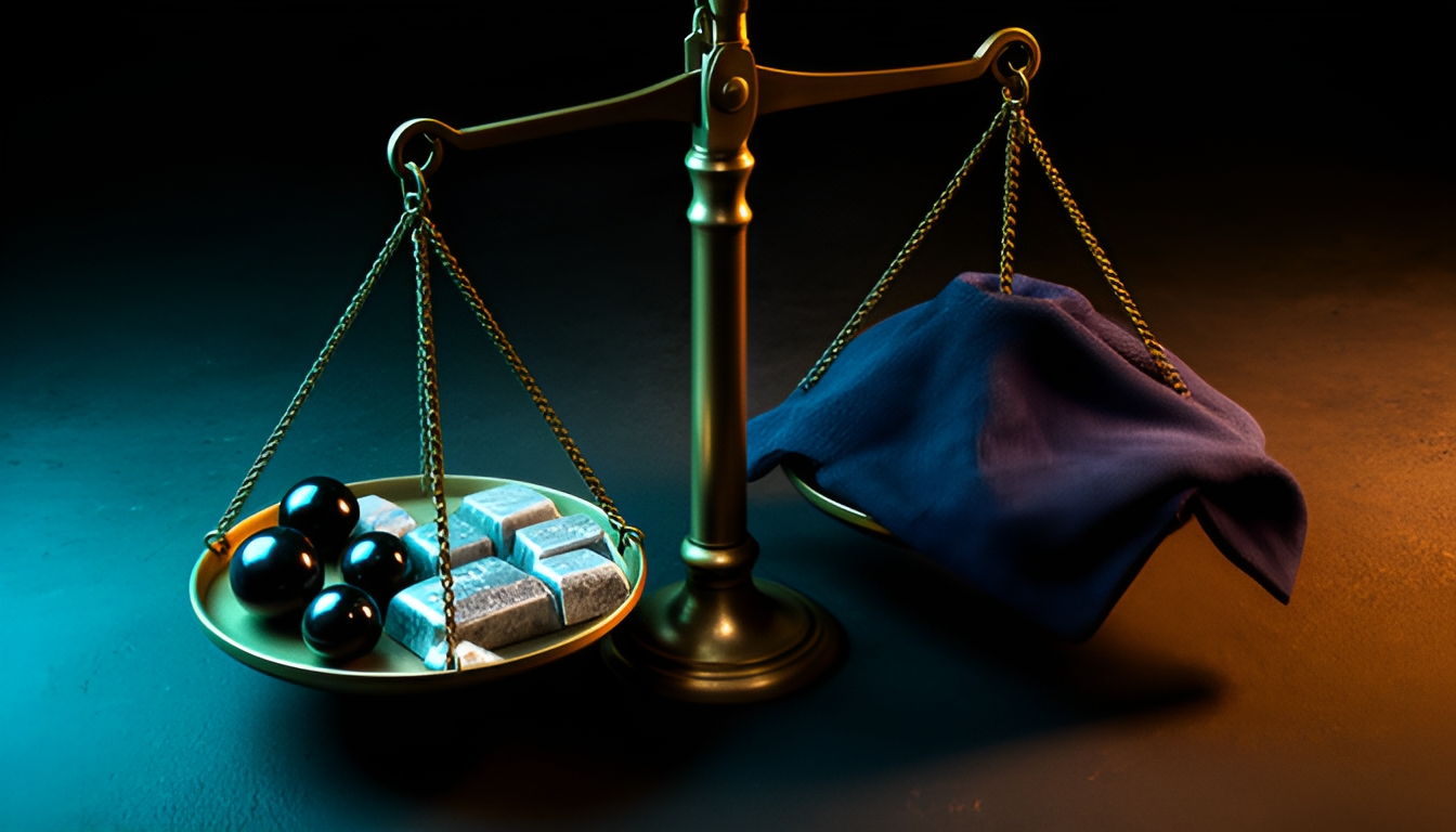Abstract technical illustration of two balance scales on a dark ground, one scale fully labelled with visible weights, the other scale's weights hidden under a cloth, cyan and amber accent lighting