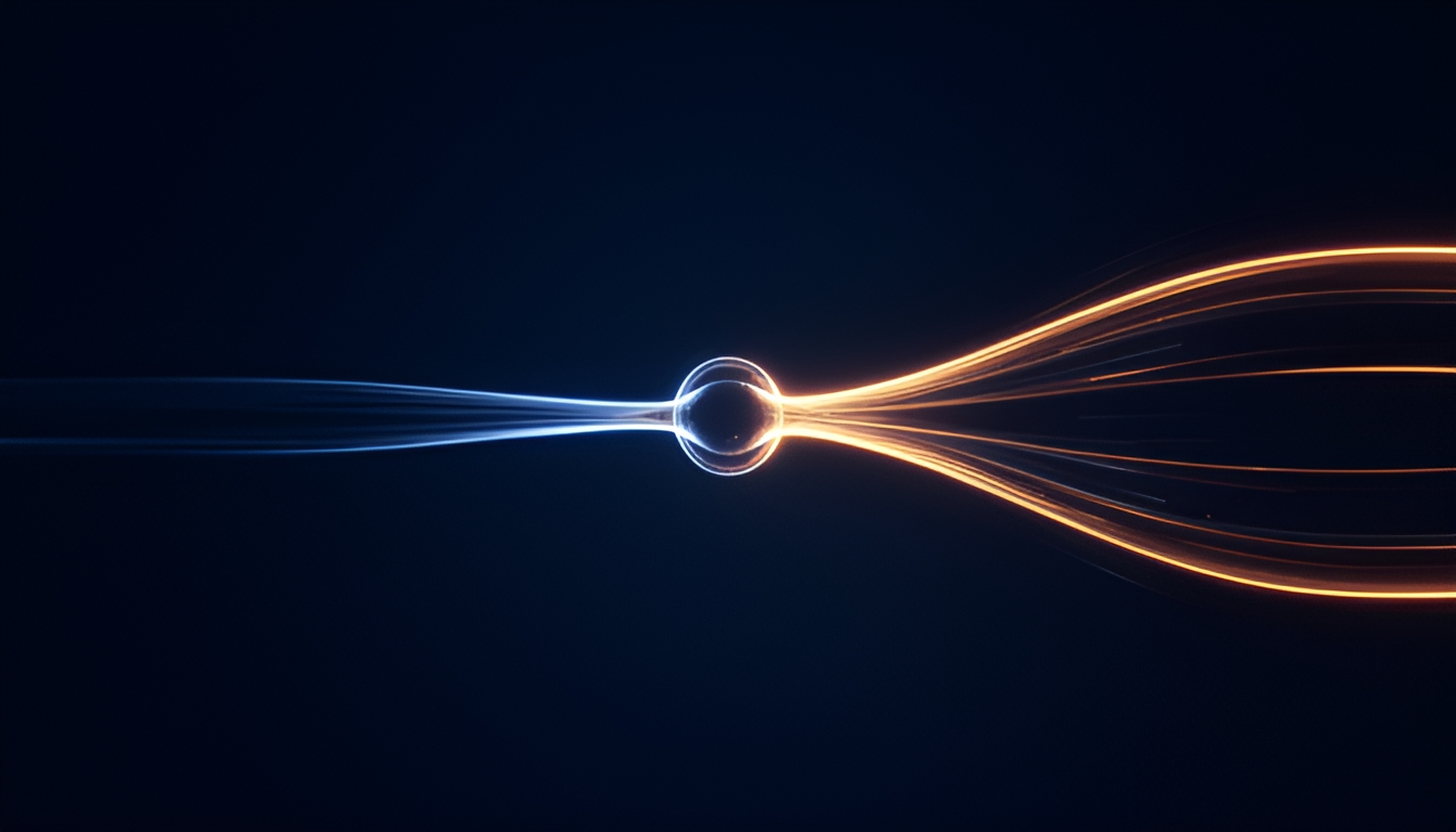 Abstract technical illustration on a dark navy background of two diverging flow channels rendered as glowing lines, one channel narrowing and dimming toward the right to suggest a shrinking pipeline, the other widening and brightening in an amber accent color to suggest a growing one, both channels originating from a single shared source node, no text, no logos