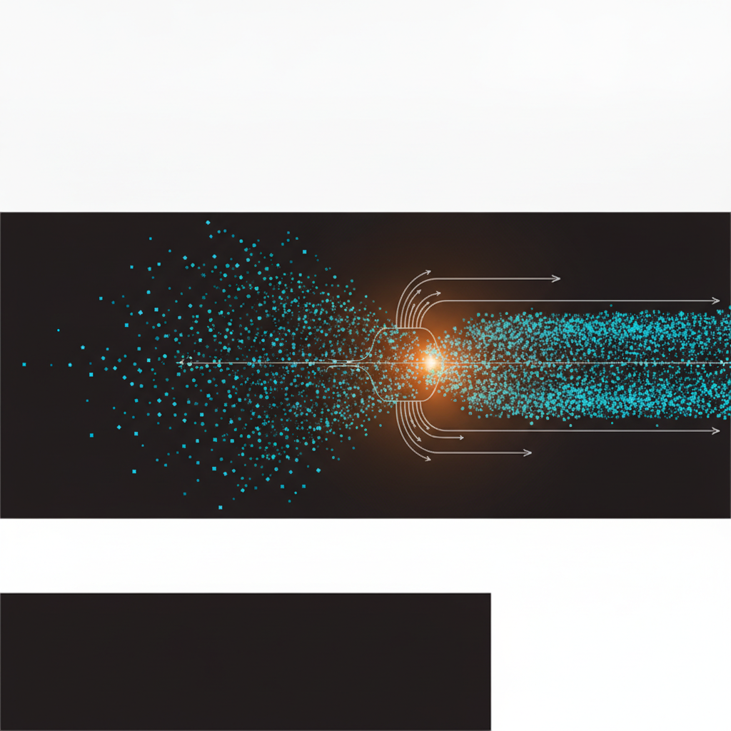 Abstract technical illustration of a dense stream of small uniform particles forced through a narrow aperture and fragmenting into many more particles on the far side, cyan and orange on a dark ground