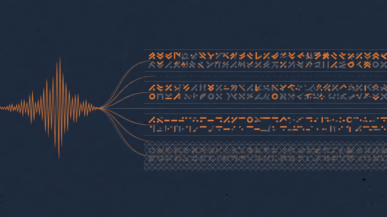 Abstract technical illustration of a waveform splitting into four parallel bands of glyph-like marks, one band dimmed behind a lattice, orange and slate on a dark navy ground