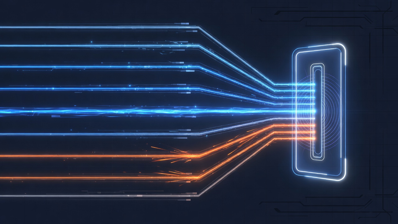 Abstract technical illustration of eight thin parallel data streams in blue flowing into a single glowing detection gate, with a few threads near the gate flaring orange, on a dark navy ground