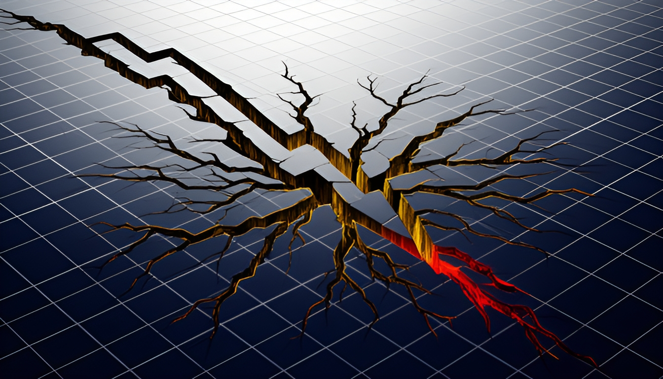 Abstract technical illustration of a downward-trending ledger line fracturing into jagged fault lines against a grid, amber and red accents on a dark navy ground, suggesting a financial estimate widening under investigation, no text, no real logos