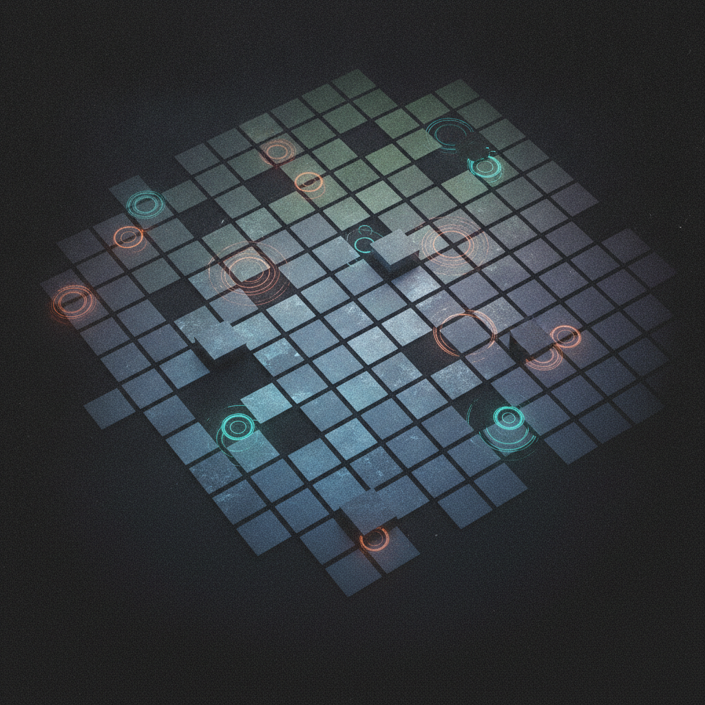 Abstract technical illustration of two overlapping grids of square glyph-like tiles with most tiles aligned and a few offset and glowing, orange and cyan on a dark ground, no readable characters