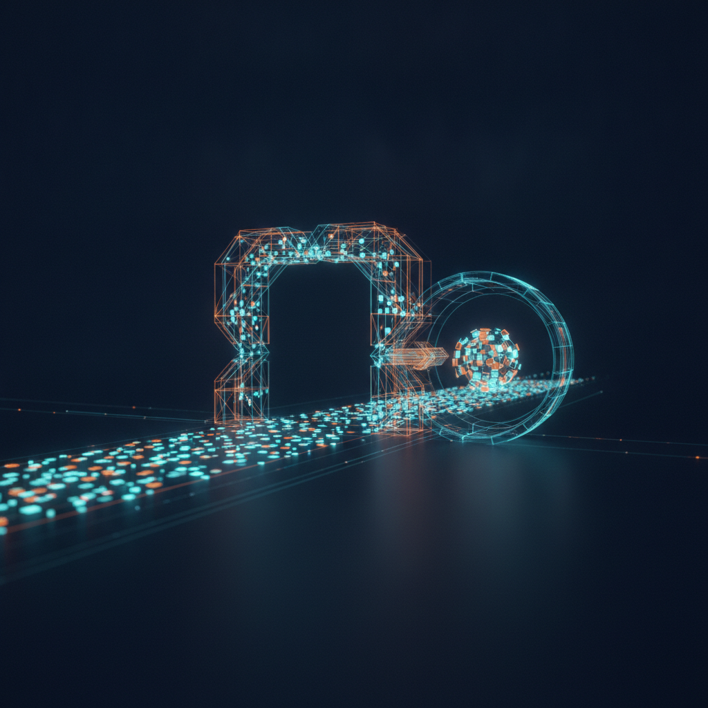 Abstract technical illustration of a stream of small tiles, most passing straight through a gate and a few diverted to a lit inspection chamber, cyan and orange on a dark navy ground