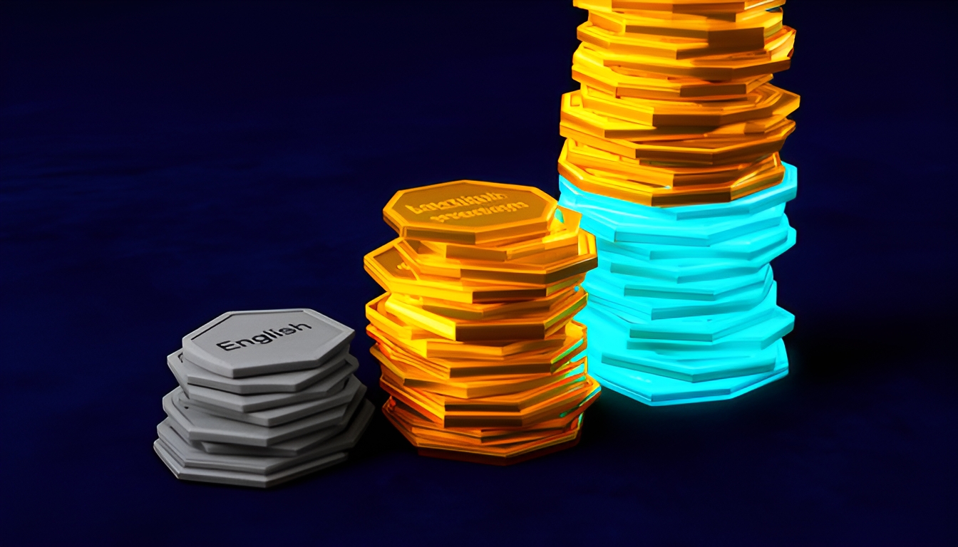 Abstract technical illustration of unequal stacks of hexagonal token tiles, one short stack labelled in muted grey representing English and several taller stacks in amber and cyan representing other languages encoding the same sentence, on a dark navy ground, no readable text