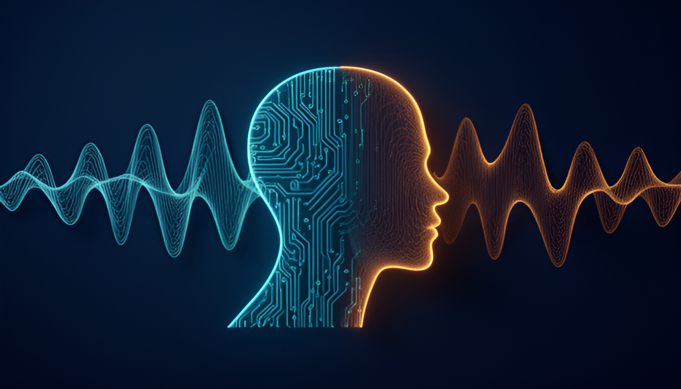 Abstract technical illustration of a soundwave morphing into a silhouette portrait outline, half rendered as circuit traces and half as an organic waveform, amber and cyan on a dark navy ground, suggesting identity encoded in audio