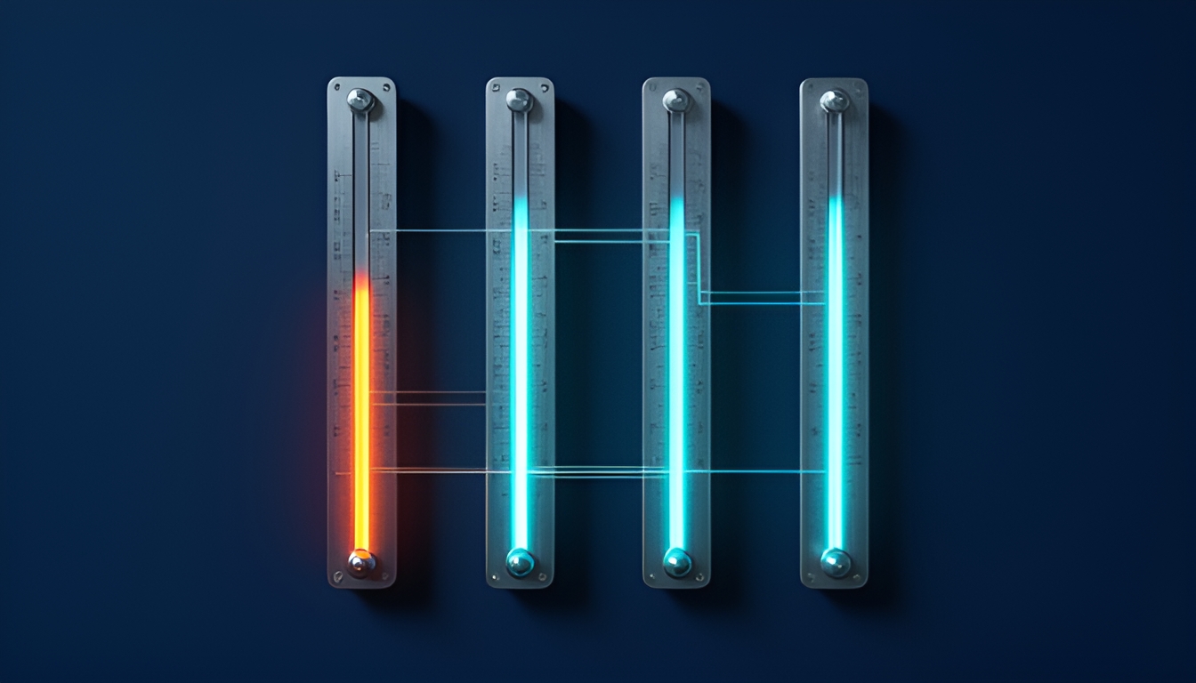 Abstract technical illustration of four parallel measurement gauges at different fill levels connected by thin data lines, the shortest gauge glowing orange and the others in cyan, on a dark navy ground, suggesting one evaluation axis trailing the rest, no text, no real logos or faces
