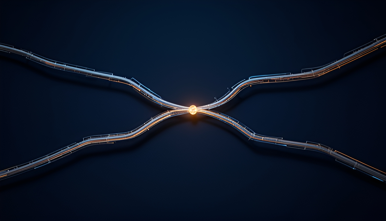 Abstract technical illustration of a single glowing data pipeline splitting into four diverging threads over a dark navy background, representing a bankruptcy estate being pulled apart by competing claims, in muted blue, amber and grey tones, no readable text