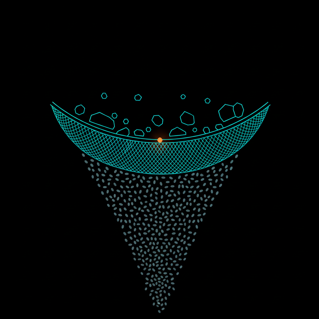 Abstract technical illustration of a sieve separating a dense stream of identical particles from a sparse stream of distinct ones, cyan and orange on a dark ground