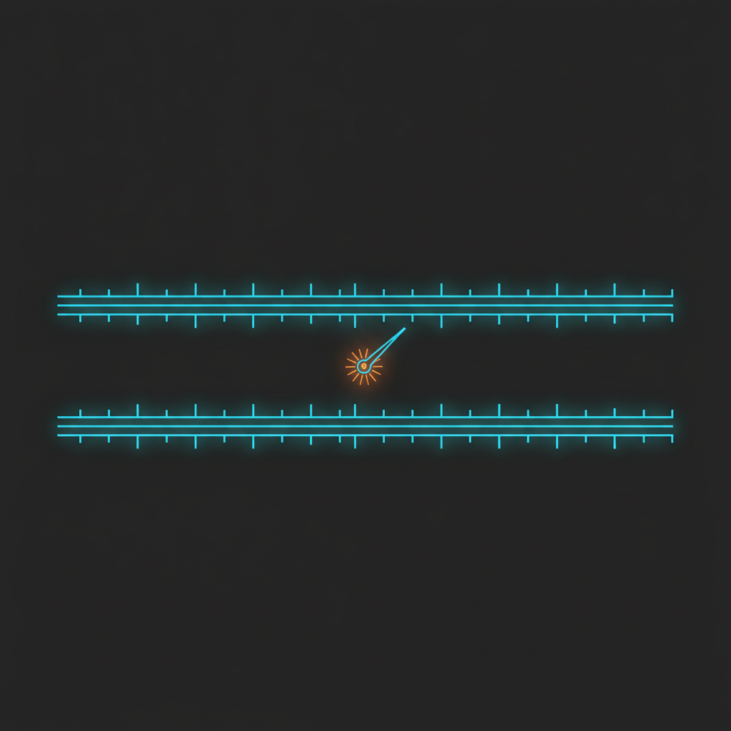 Abstract technical illustration of two identical parallel measurement tracks, one lit slightly brighter than the other by a single tilted gauge, cyan and orange on a dark ground