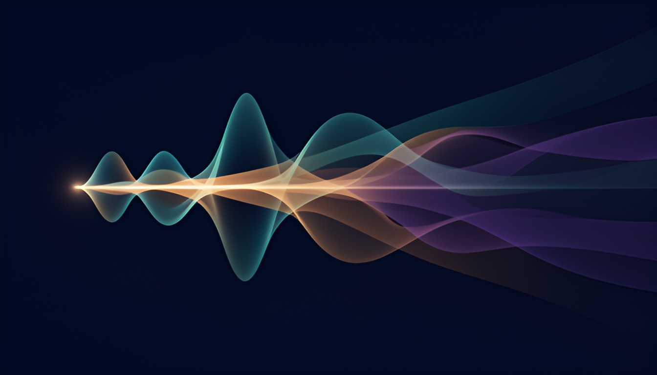 Abstract illustration of a single sound wave splitting into multiple colored light ribbons flowing outward on a dark background