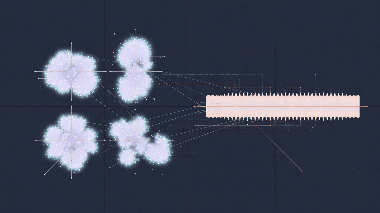 Abstract technical illustration of two point clouds, one split into several lit sub-clusters and one flat, joined by thin mapping lines on a dark navy ground