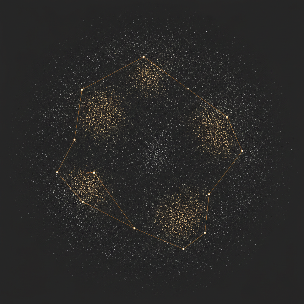 Abstract dark field of scattered points with a small amber subset selected inside a dense cluster boundary, suggesting sample selection from a large pool