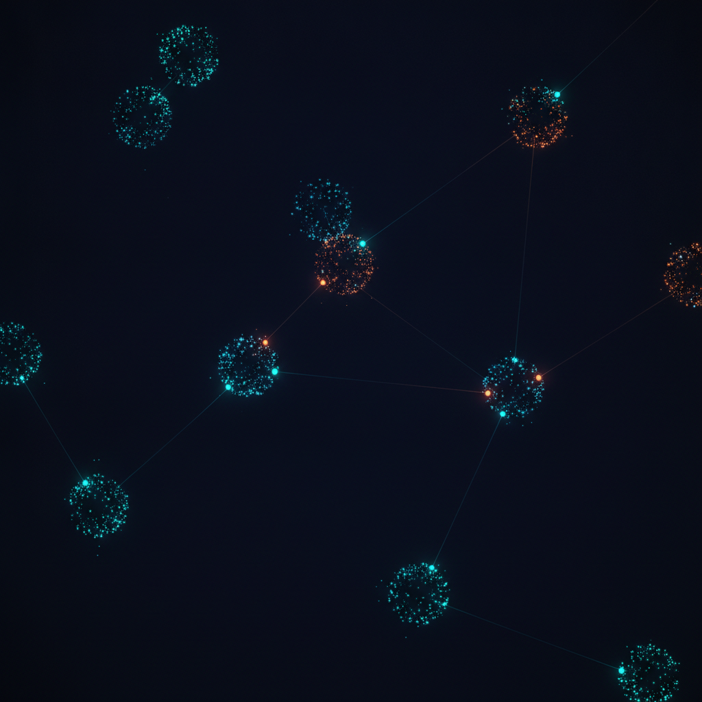 Abstract technical illustration of clustered point clouds in a dark embedding space with a few highlighted points far from their cluster centres, cyan and orange accents