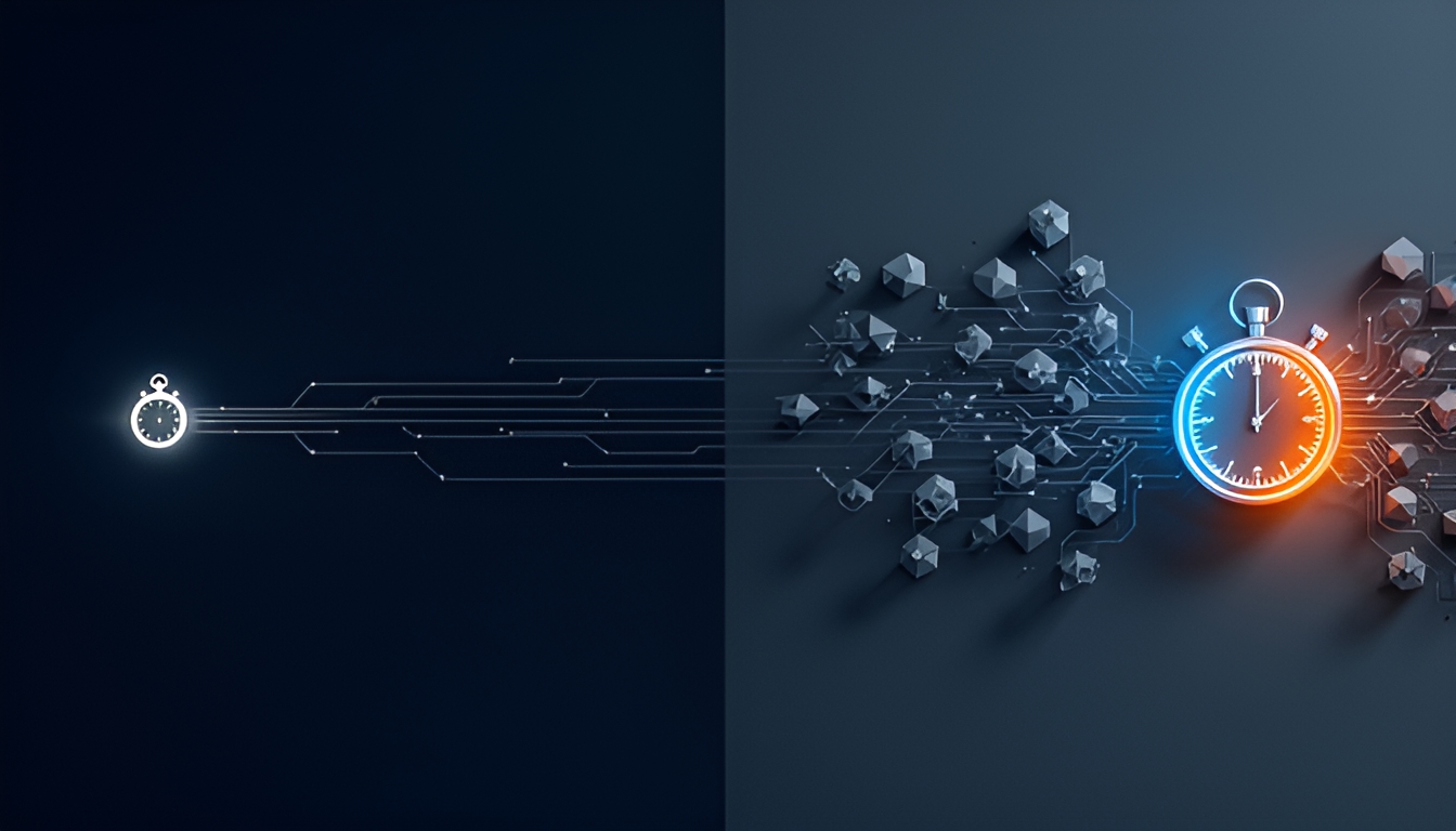Abstract illustration of two parallel computation pipelines, one sparse and fast with a small stopwatch icon, one dense with many extra processing nodes and a much larger stopwatch icon
