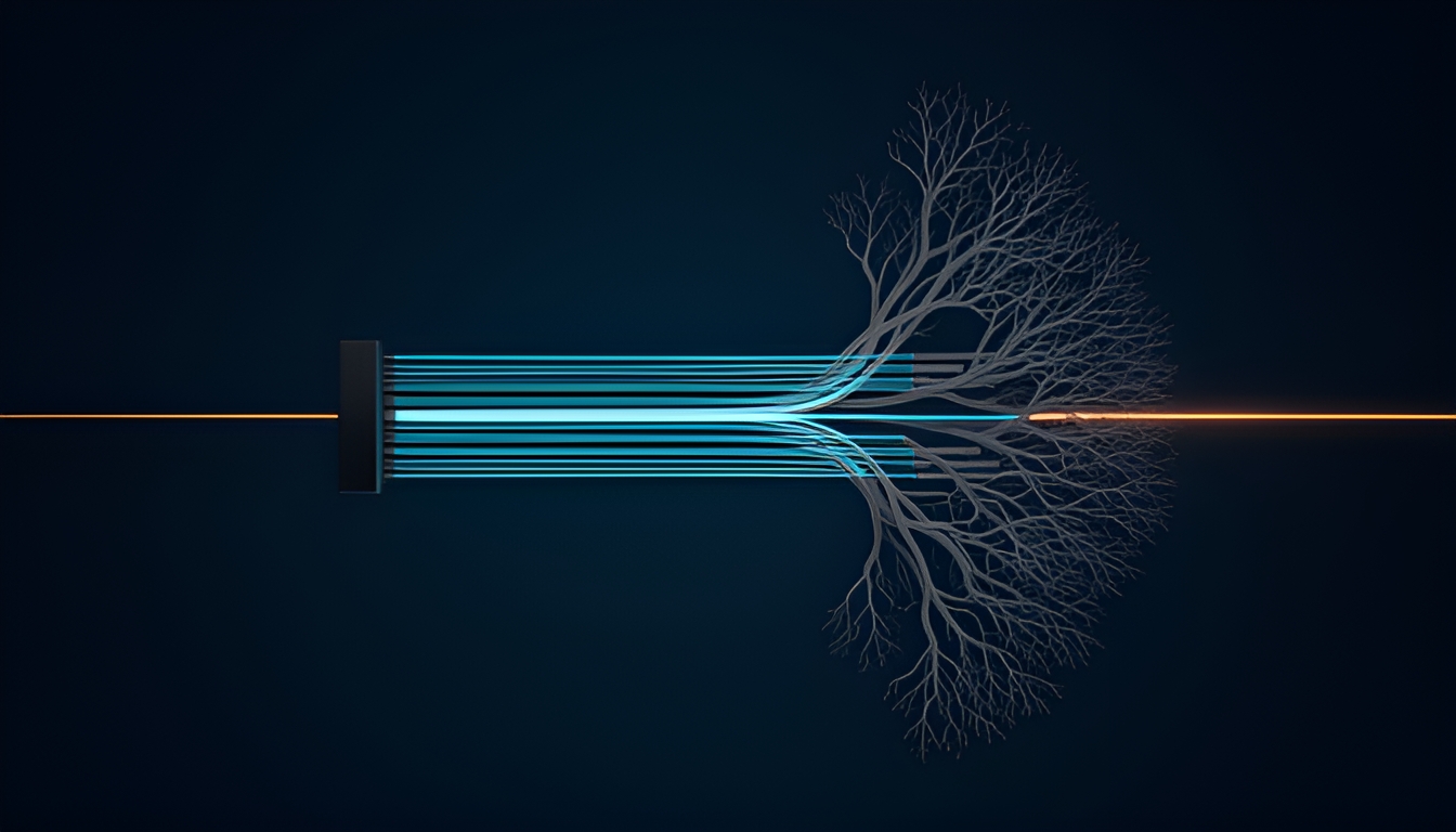Abstract dark technical illustration of a single input item splitting into twenty small parallel probe lines that converge into a tree-shaped structure, representing many yes-or-no questions feeding a decision model, contrasted with one thin direct line that fades out weakly
