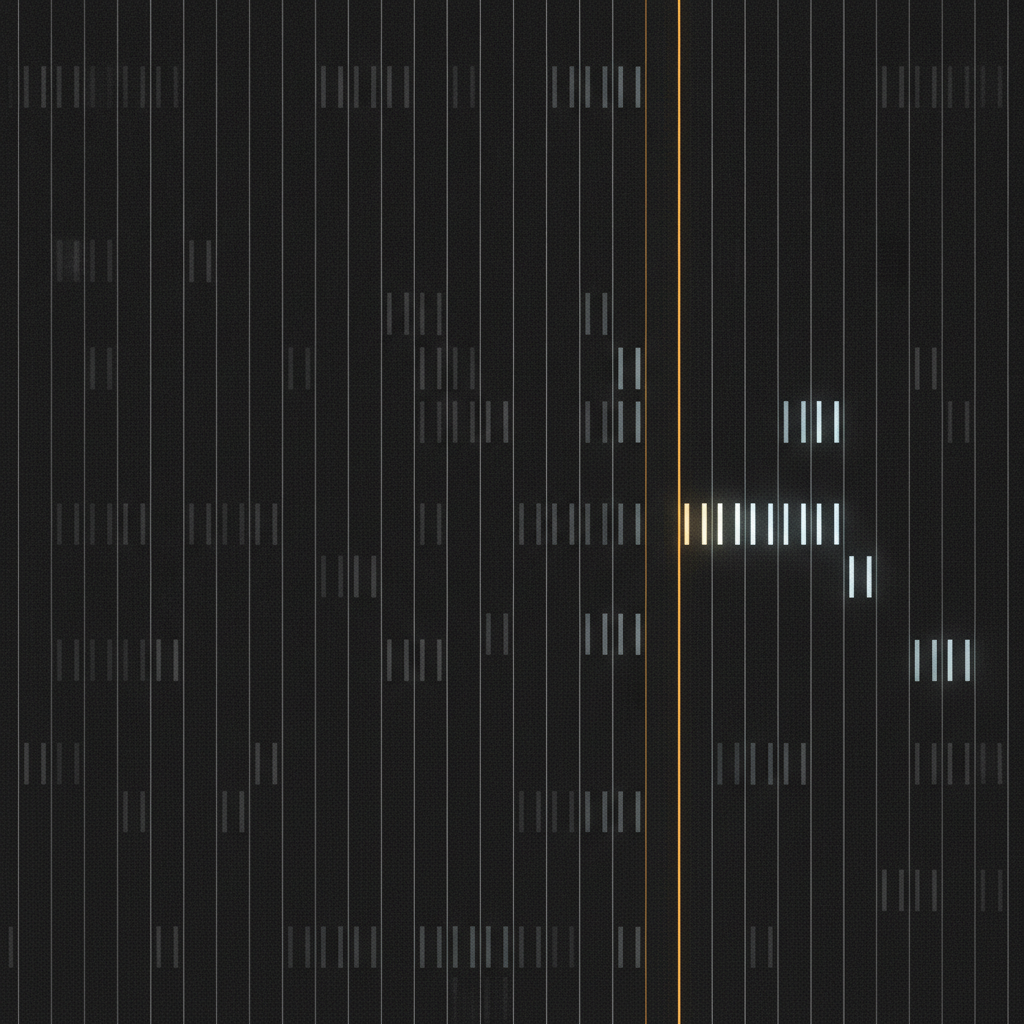 Abstract dark field of many small tally marks clustered in uneven groups, with a hard vertical threshold line cutting through them so that most of the clusters fall on the discarded side