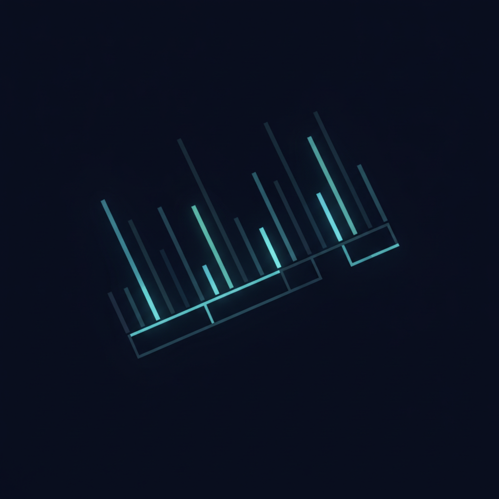 Abstract dark image of many thin parallel bars of different lengths leaning the same direction at different angles, with one shared baseline being lifted back toward level