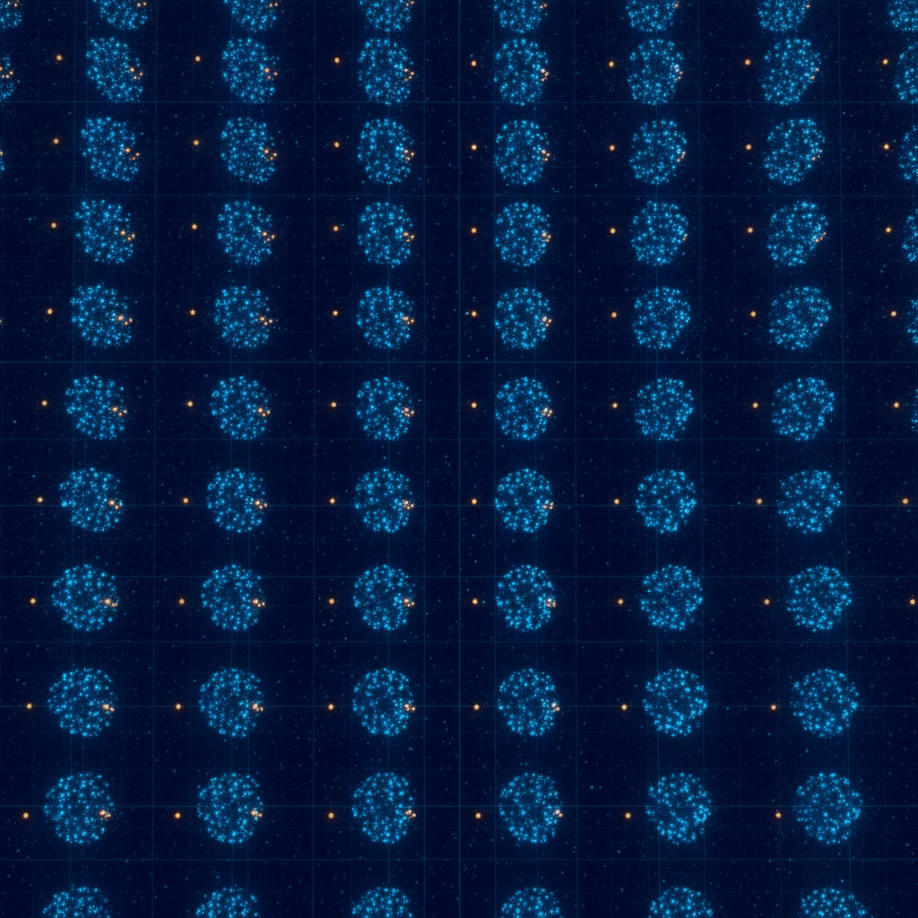 Abstract dark image of a dense field of identical points with a single faint outlier beside each cluster, suggesting one dissenting vote among many