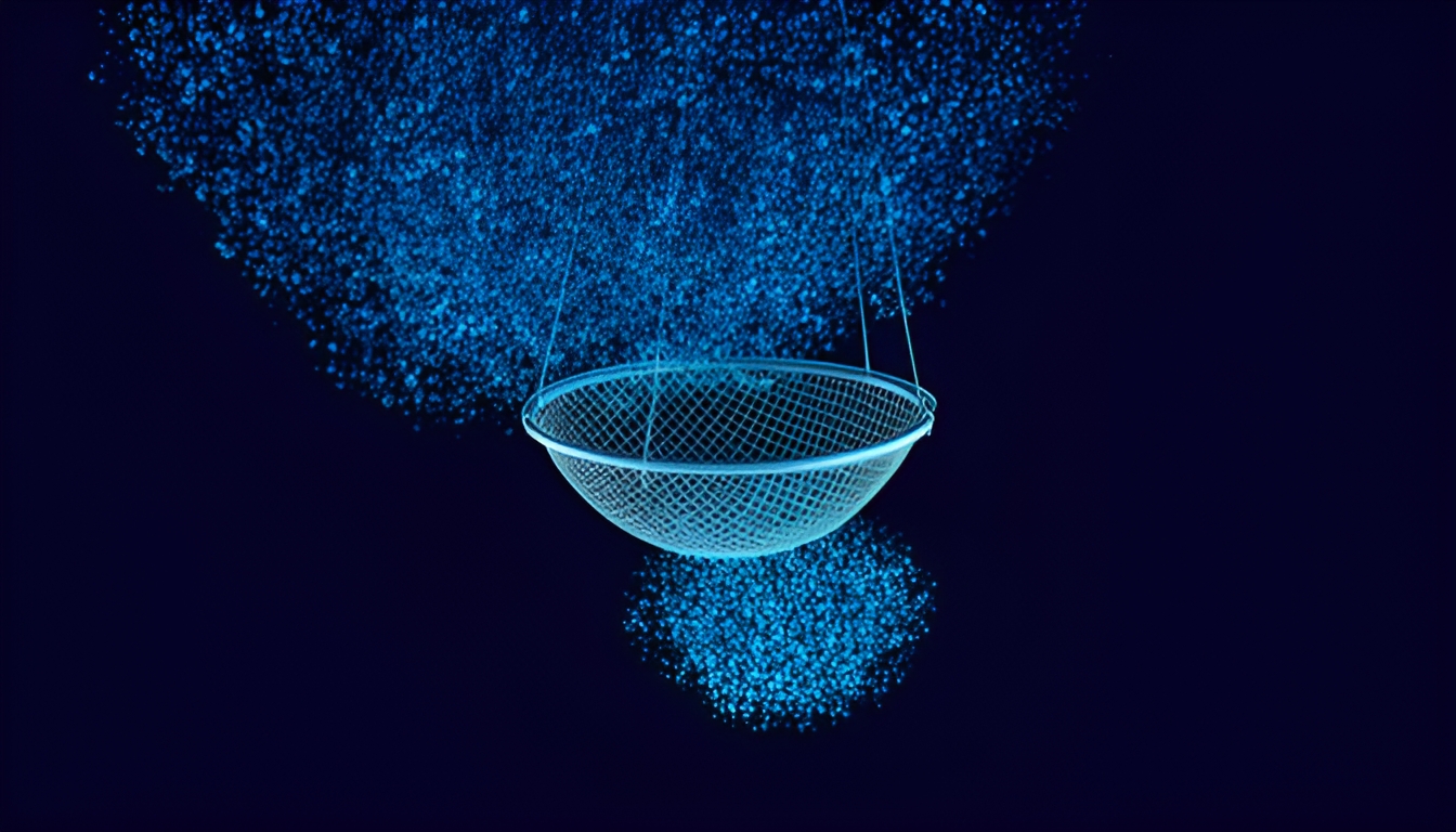 Abstract dark navy image of a fine mesh sieve separating a cloud of small dots into a smaller flagged cluster, with the flagged cluster itself still a scattered mix of two shades too close in tone to sort further