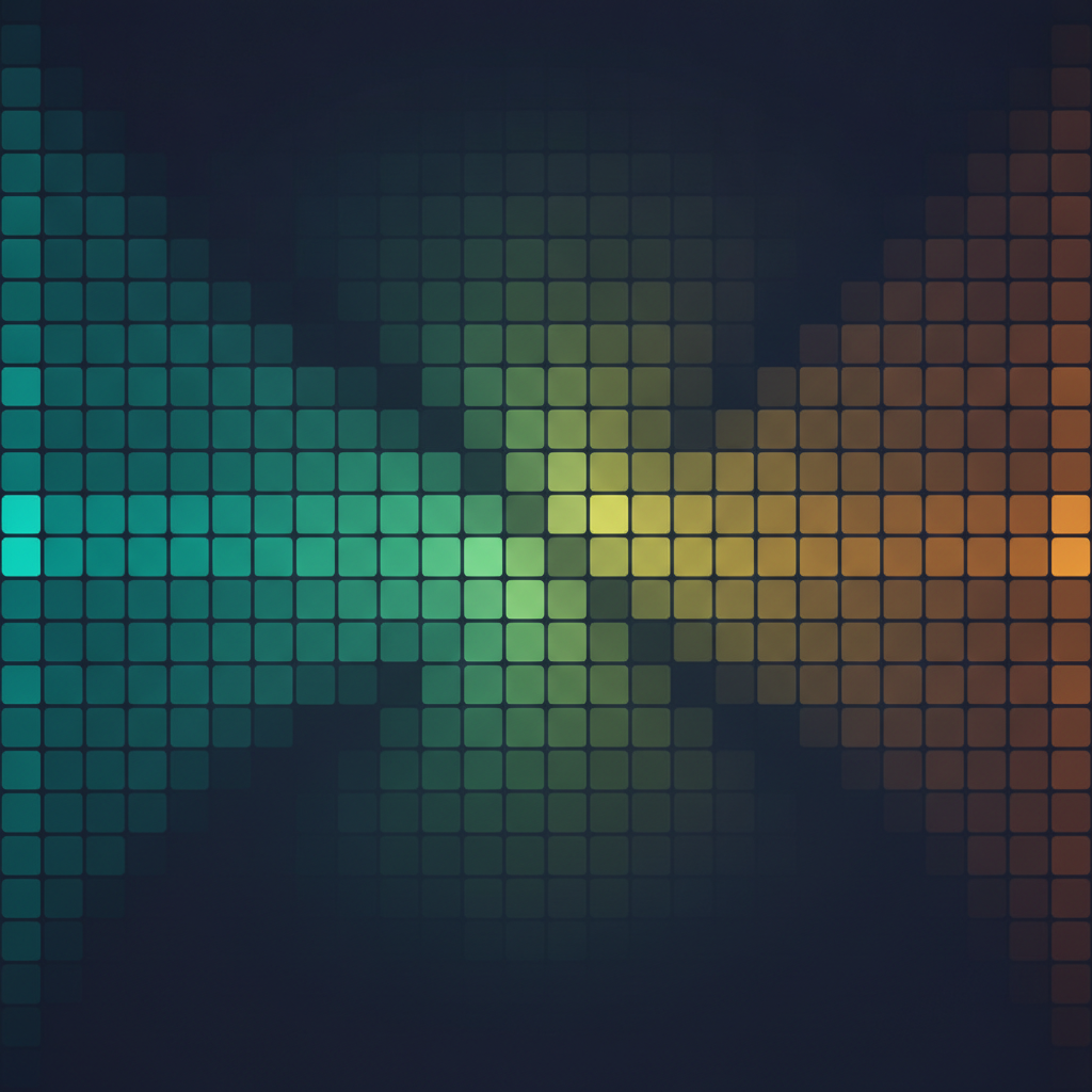 Abstract dark image of two overlapping sets of small glowing tiles, most of them shared, with a band of unshared tiles on each side that are lit as brightly as the shared ones