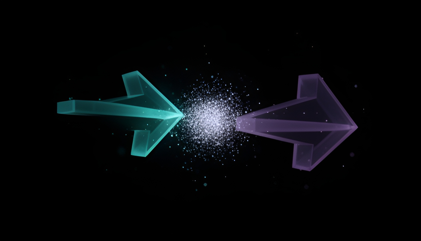 Abstract dark render of two translucent arrow-like vectors in an embedding space, one bright vector pointing toward a dense cluster of points and a dimmer second vector pointing away from it, with scattered faint particles around both