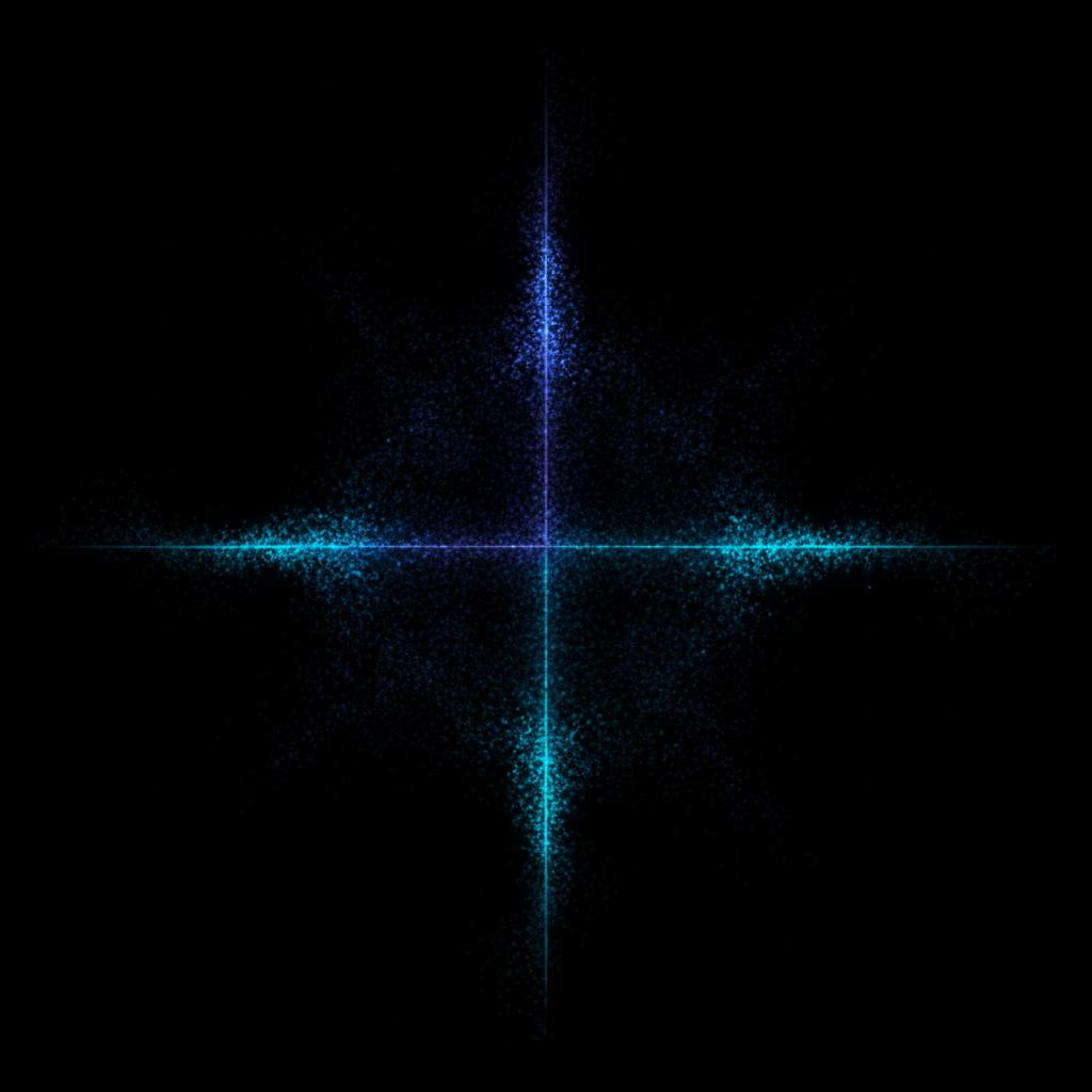 Abstract dark visualisation of a two-axis scatter of crowd rater positions with one axis fading out