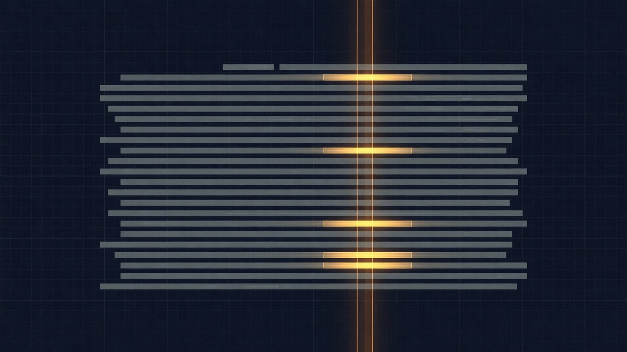 Abstract dark image of a long document rendered as stacked horizontal bars, a few of them lit in amber where a thin beam passes through