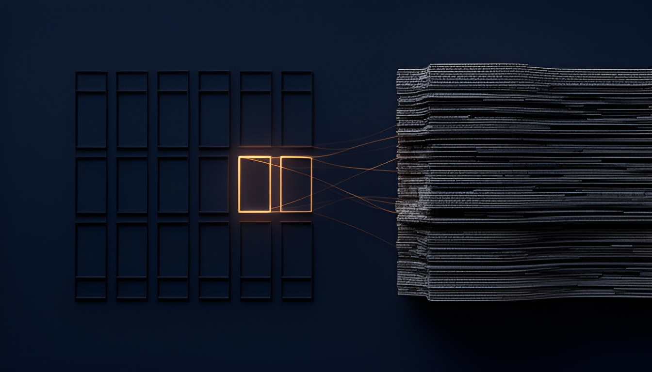 Abstract dark image of a lattice of empty slots beside a dense block of text strata, a few amber threads crossing between them