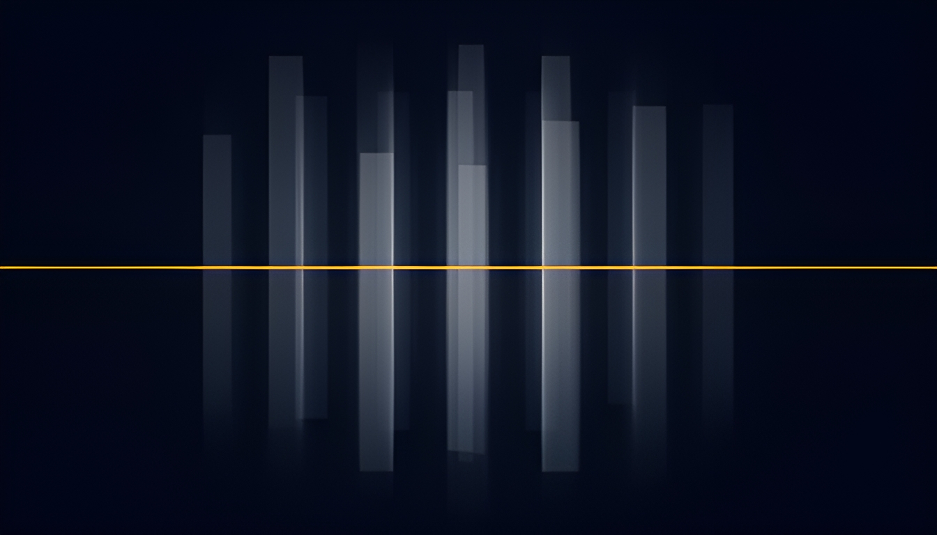 Abstract dark image of twelve translucent vertical bands of differing heights crossed by one flat amber line
