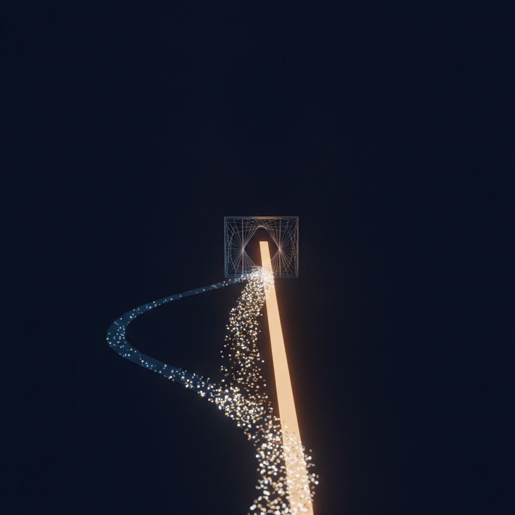 Abstract dark image of a stream of small tokens passing a single gate, most flowing straight through on a bright path and a minority diverted down a second, dimmer channel