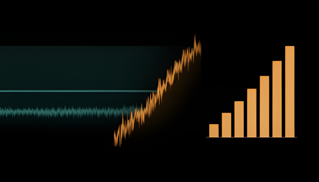 Abstract illustration of two label noise tracks, a nearly flat random noise line and a steeply dropping biased noise line, next to a bar chart showing a fairness gap widening sharply