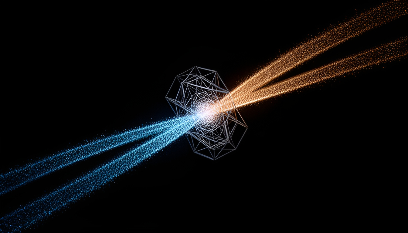 Abstract dark render of a narrow stream of glowing data points being filtered through a geometric lattice into two separated channels, one labeled by color as retained and one as new, converging into a small dense cluster
