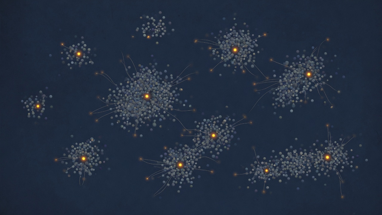 Abstract dark field of scattered points in nine loose clusters, a few points lit amber and spread so that each cluster holds at least one