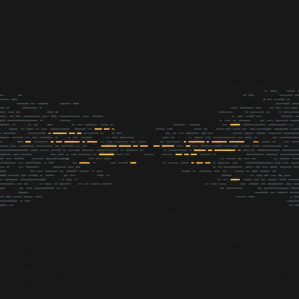 Abstract dark field of short horizontal text-like strokes, a subset tinted amber and clustered at two poles with a sparse middle band between them