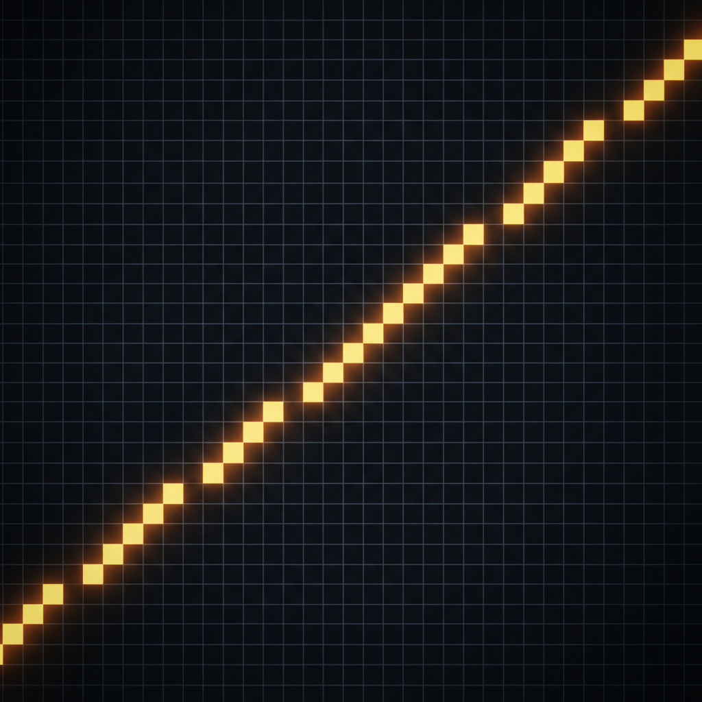 Abstract dark composition of a fine grid of scoring cells, most in muted tones, with a narrow bright channel cutting diagonally through them where the cells align, suggesting a specification that an optimiser has found a path through
