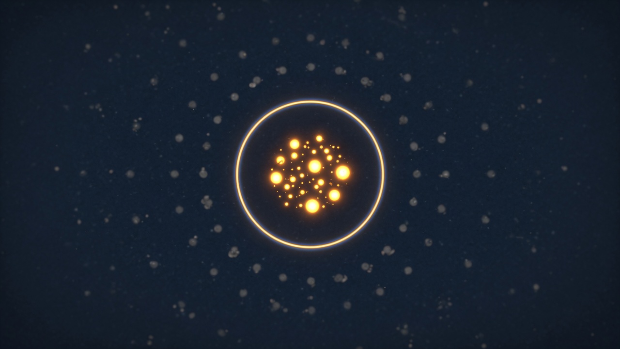 Abstract dark image of a small cluster of fifteen bright points inside a ring, with a much larger faint field of points outside it
